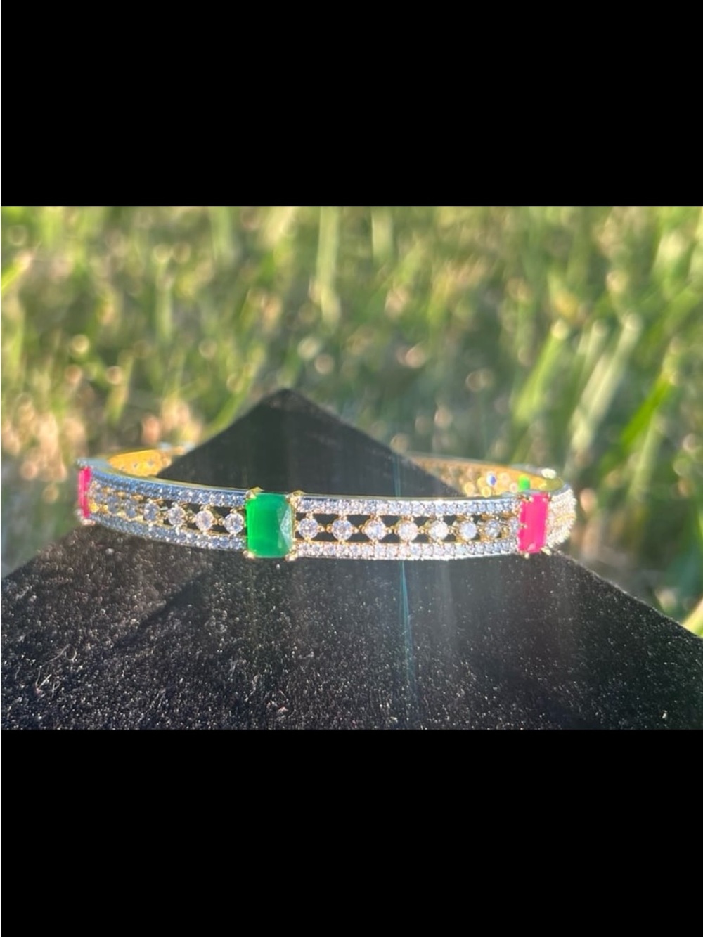 Gorgeous antique finish ruby and emerald crystal bangle bracelet